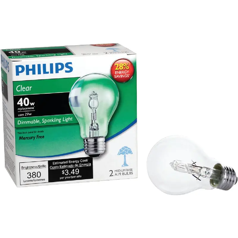 Philips Halogen Light Bulb – 40-Watt Equivalent A19 Clear Shape, Medium Base (2-Pack) 1