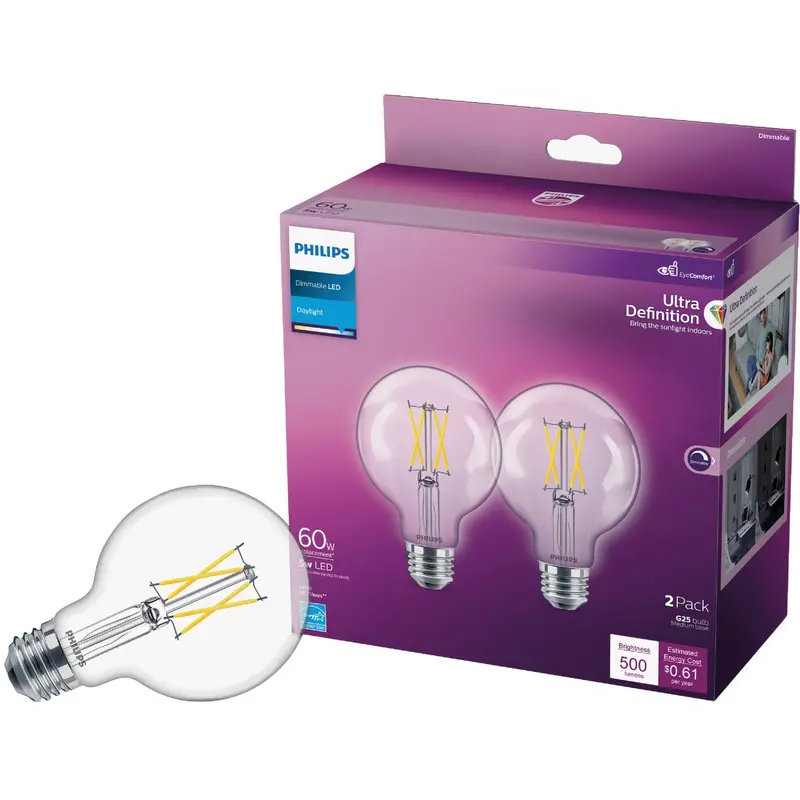 Philips Ultra Definition Led Decorative Bulb – G25 Shape, 60W Equivalent Daylight, 2-Pack 1