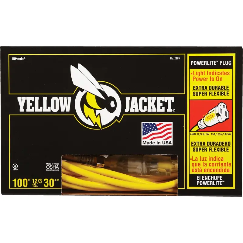 Yellow Jacket 100-Foot 12/3 Heavy-Duty Outdoor Extension Cord With Illuminated End Plug 1
